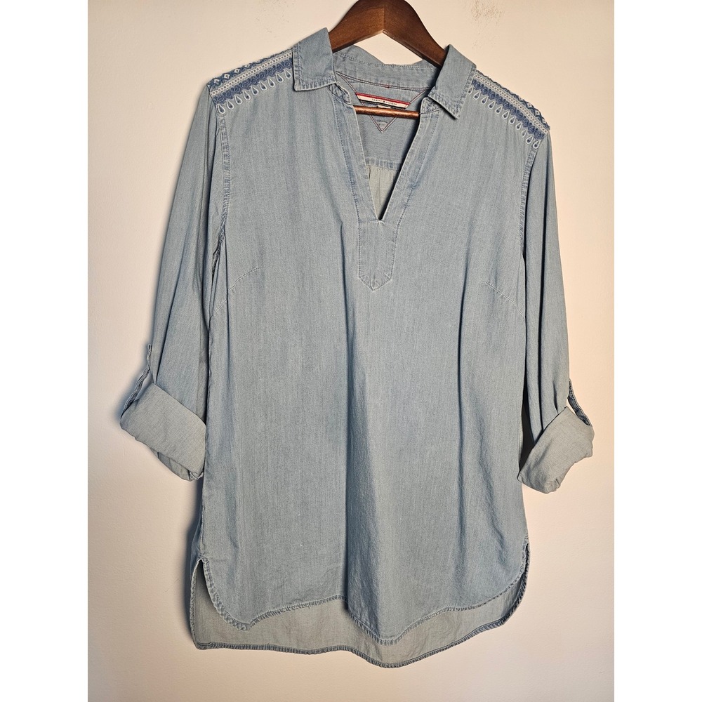 [Boho Coastal] Tommy Hilfiger Chambray Tunic Women L Blue‎ Embroidered Roll-Tab